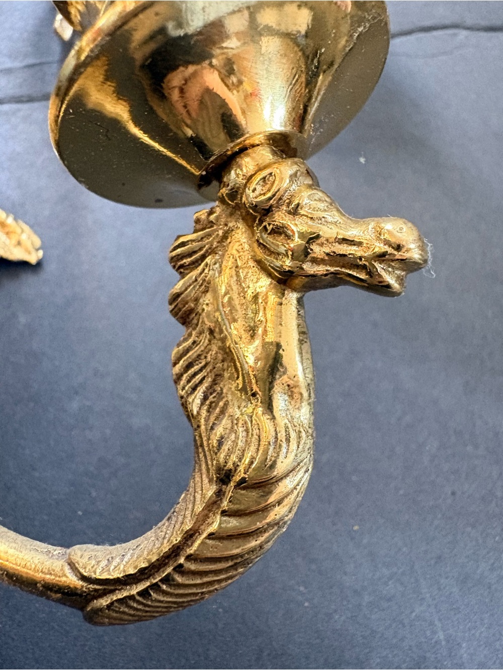Vintage Hollywood Regency 16 inch Pair of Brass Wall Sconces With Oak and Horse - Picture 3 of 7